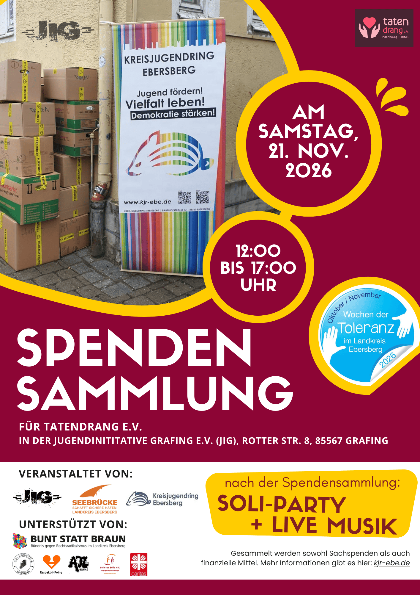 SAVE THE DATE: Spendensammlung für Tatendrang e.V. und die Seenotrettung (Sea Eye e.V.) am Samstag, den 21.11.2026 von 12:00 bis 17:00 Uhr in der Jugendinitiative Grafing e.V. (JiG)